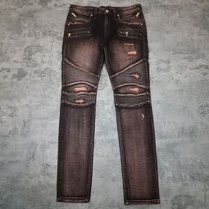 ROCK REVIVAL Elliot Moto‎ Zipper Biker Jeans Mens Size 32x34 Brown Red